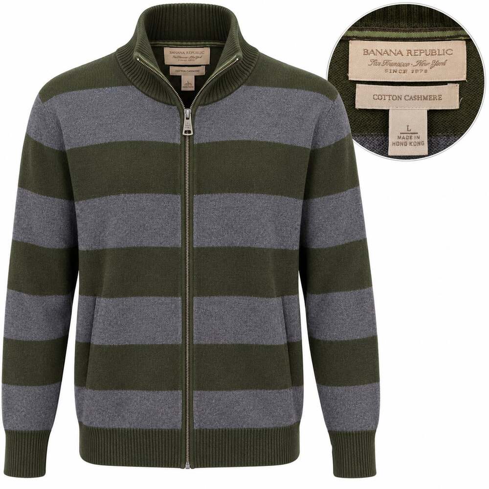 Banana Republic Cashmere Cotton Zip Sweater Y2K Olive Gray Striped Men’s Large